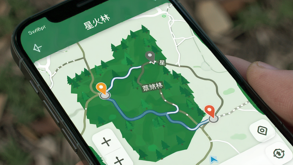 一张手机屏幕展示“星火林”路线图页面的图片,画面中显示绿色林场区域、标注路线和地点图标,界面清晰,风格偏向户外导航,细节包括路线线条和地点标记,画质高清,无多余元素