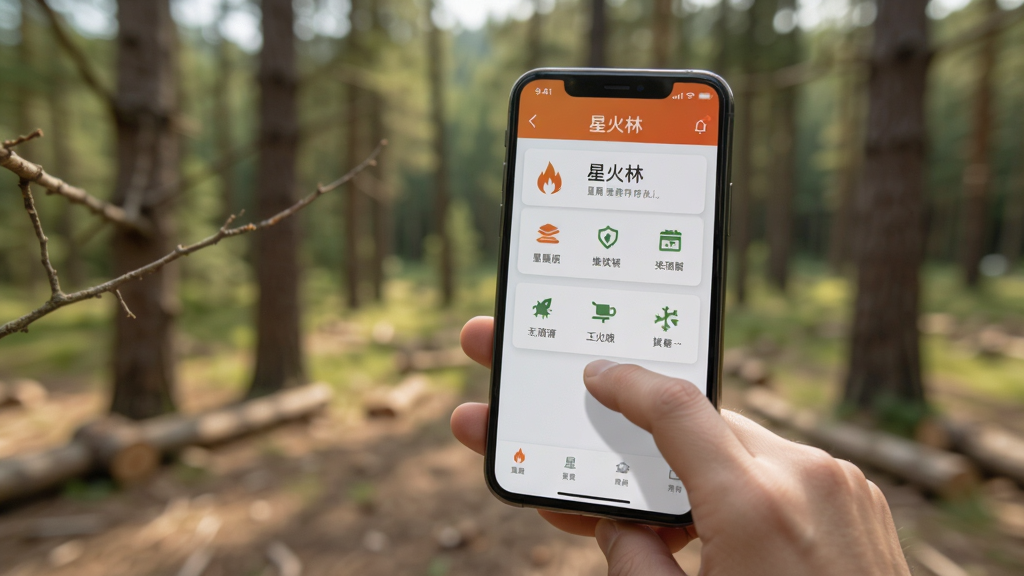 一张展示“星火林”应用操作界面的图片,画面中一只手拿着手机,屏幕上显示简洁的功能菜单,背景为模糊的户外林场环境,风格自然生活化,细节包括手指点击动作和菜单图标,画质高清,无多余元素