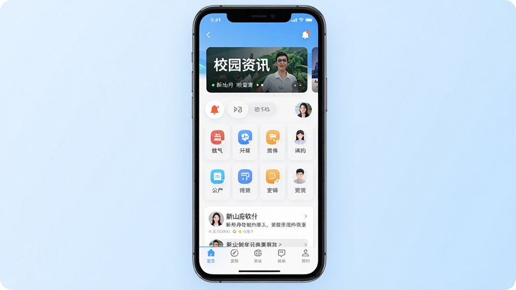 新山丹软件主界面全貌展示,主体为一部智能手机屏幕,屏幕内呈现新山丹应用首页布局,顶部为校园资讯轮播图,中部为功能图标网格,底部为导航栏;背景为简洁的浅蓝色渐变,风格清新现代,细节包含通知铃铛图标、用户头像、卡片式信息流;画质清晰干净,无多余元素