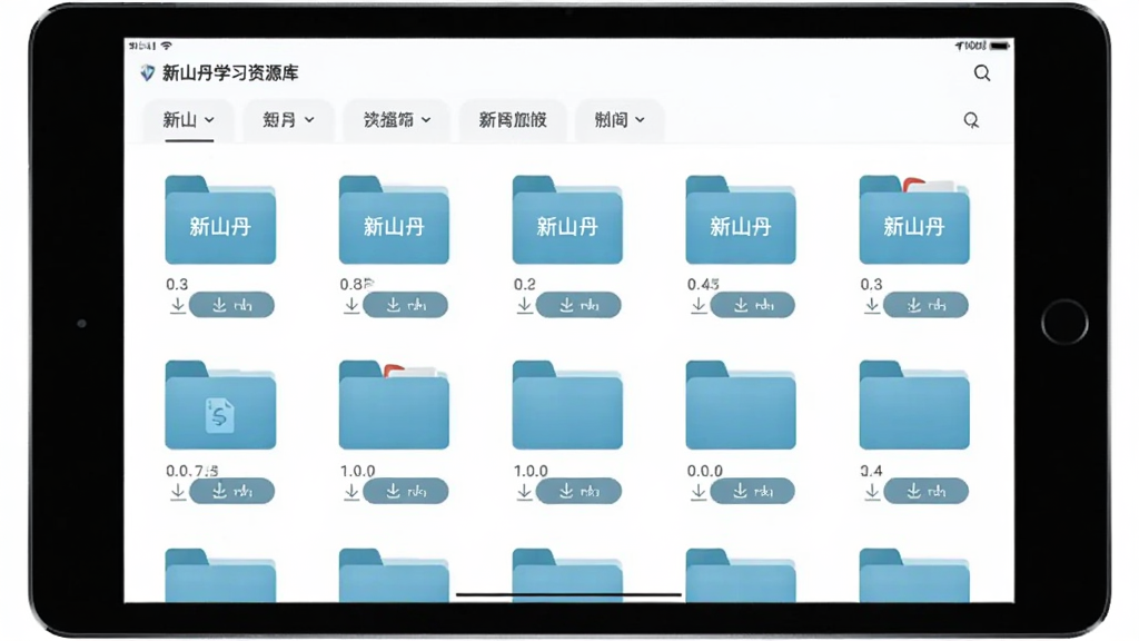 新山丹学习资源库页面,主体为平板电脑屏幕,屏幕中显示文件夹与文档列表,文件夹标注