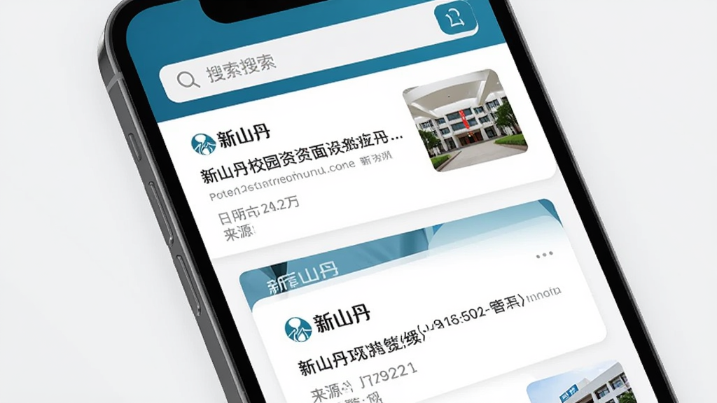 新山丹校园资讯页面展示,主体为手机屏幕特写,屏幕中显示新闻列表与通知卡片,卡片上带有