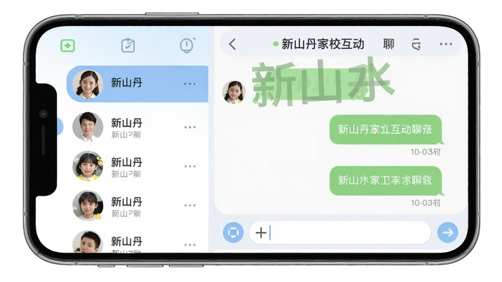新山丹家校互动聊天界面,主体为手机屏幕,屏幕中展示对话框与联系人列表,对话框内含有