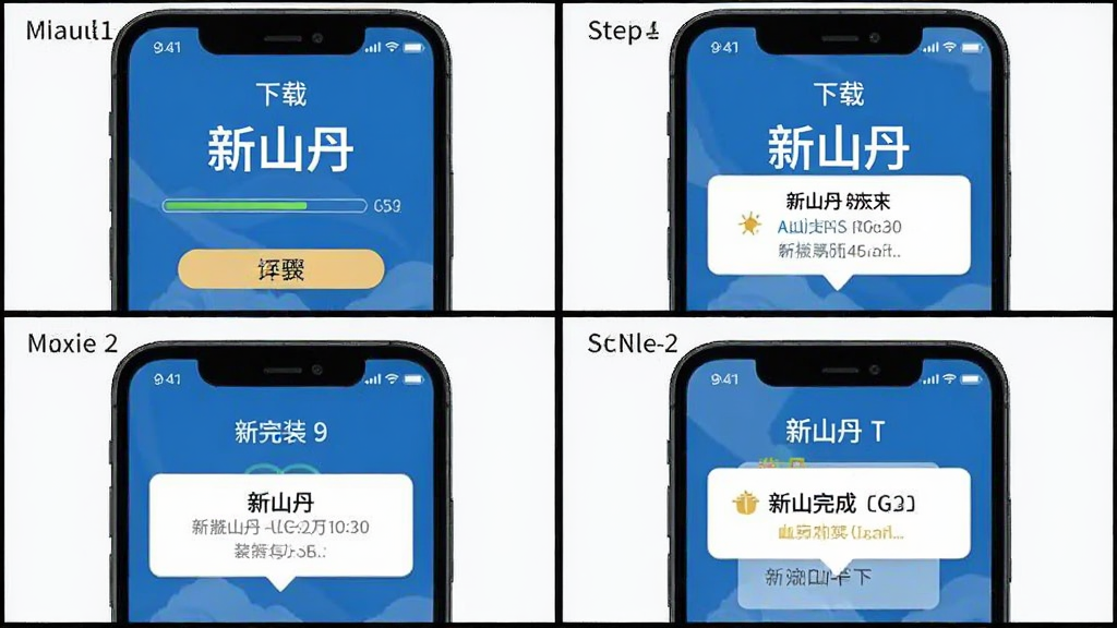 新山丹安装步骤示意图,主体为手机屏幕截图组合,展示从下载到安装完成的四个步骤,屏幕中带有