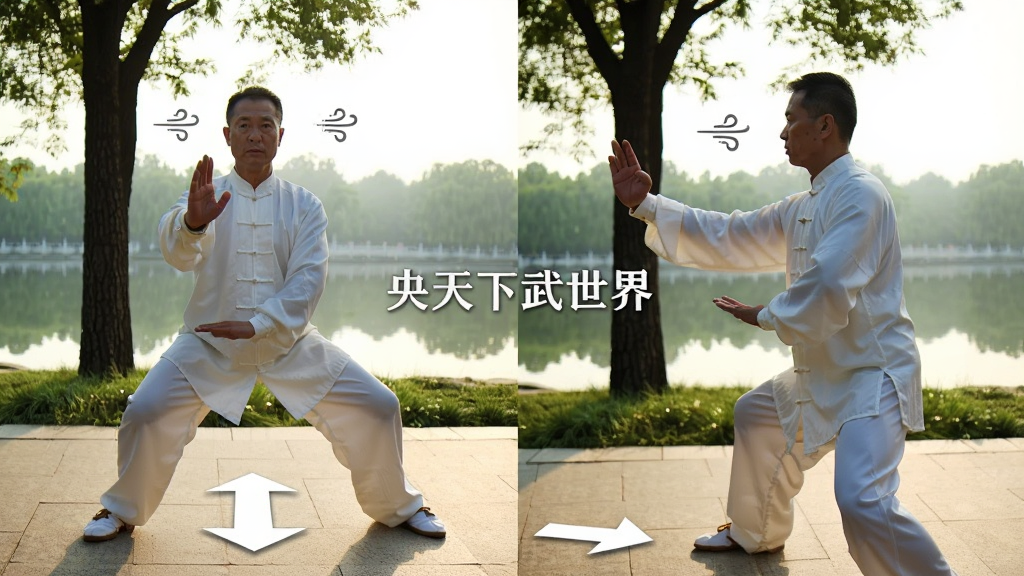 一位身穿白色太极服的武术教练在公园晨光中演示太极起势动作,画面采用正面与侧面双视角分屏布局,背景为绿树与湖面,风格写实清晰,细节包括教练手势、呼吸节奏提示图标、地面投影箭头,画质高清,画面干净,无多余元素,图片中央标注文字“央天下武世界”