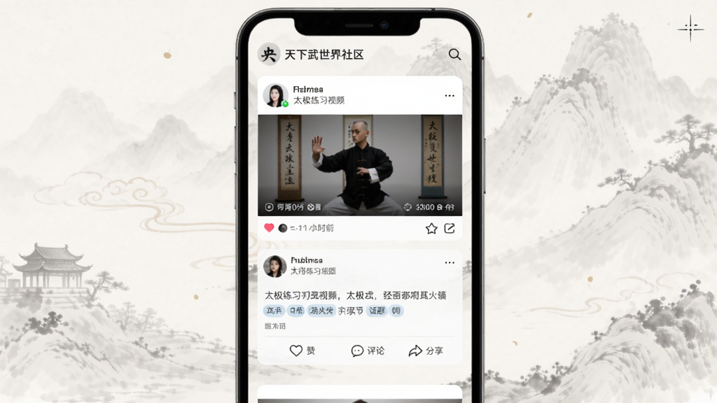 央天下武世界社区界面展示图,手机屏幕内显示用户发布的太极练习短视频卡片与文字动态,卡片下方有点赞、评论、分享图标,背景为淡雅水墨纹理,风格清新简洁,细节包括用户头像、时间戳、话题标签,画质高清,画面干净,无多余元素