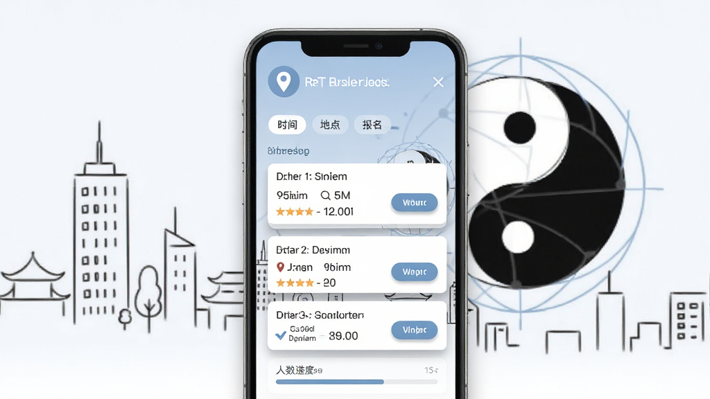 央天下武世界活动报名页面展示图,手机屏幕显示地图定位图标与附近活动列表,每项活动包含时间、地点、报名按钮,背景为城市简笔插画与太极符号,风格现代扁平化,细节包括活动卡片阴影、筛选标签、人数进度条,画质高清,画面干净,无多余元素