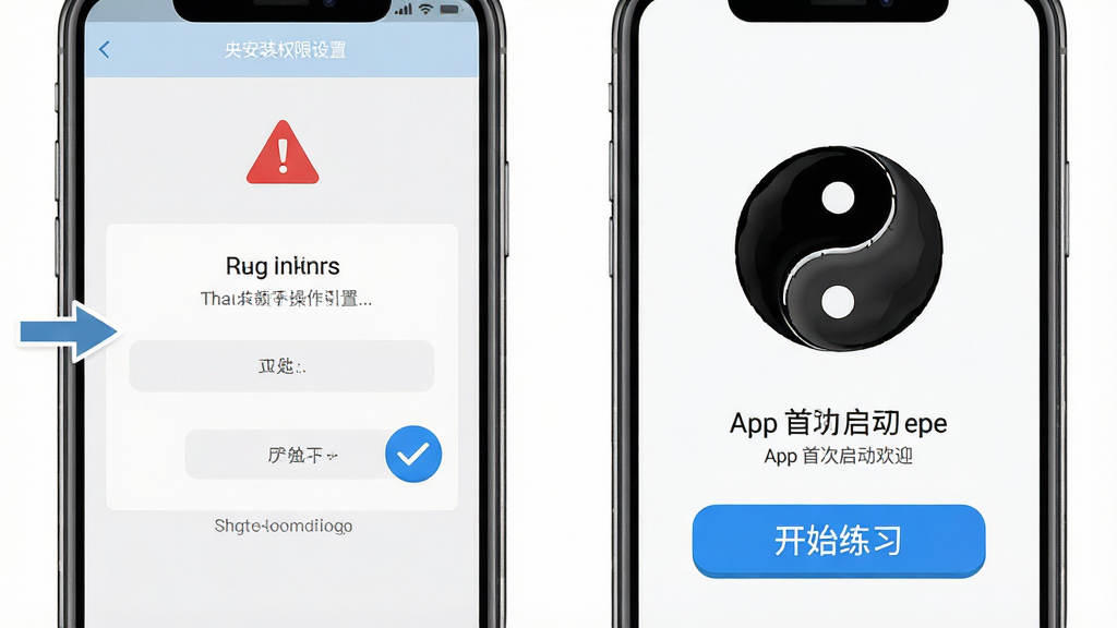 央天下武世界新手操作引导图,手机屏幕显示安装权限设置界面与App首次启动欢迎页,画面分为左右两部分,左侧为设置菜单箭头指示,右侧为太极图标与“开始练习”按钮,风格为扁平化教程图,细节包括红色警示三角、蓝色对勾、灰色提示文字,画质高清,画面干净,无多余元素