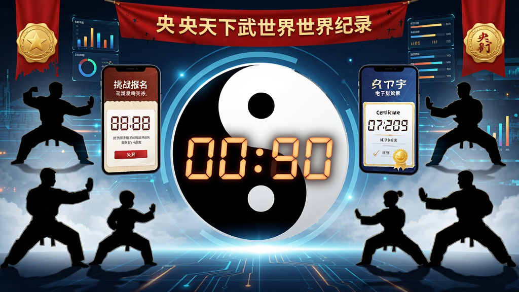 央天下武世界挑战世界纪录活动宣传图,画面中央为巨大的太极图案与数字倒计时,两侧分布不同年龄段的武术练习者剪影,手机屏幕悬浮显示挑战报名界面与电子证书样式,风格为动感科技与传统元素结合,细节包括红色横幅、金色徽章、数据统计条,画质高清,画面干净,无多余元素