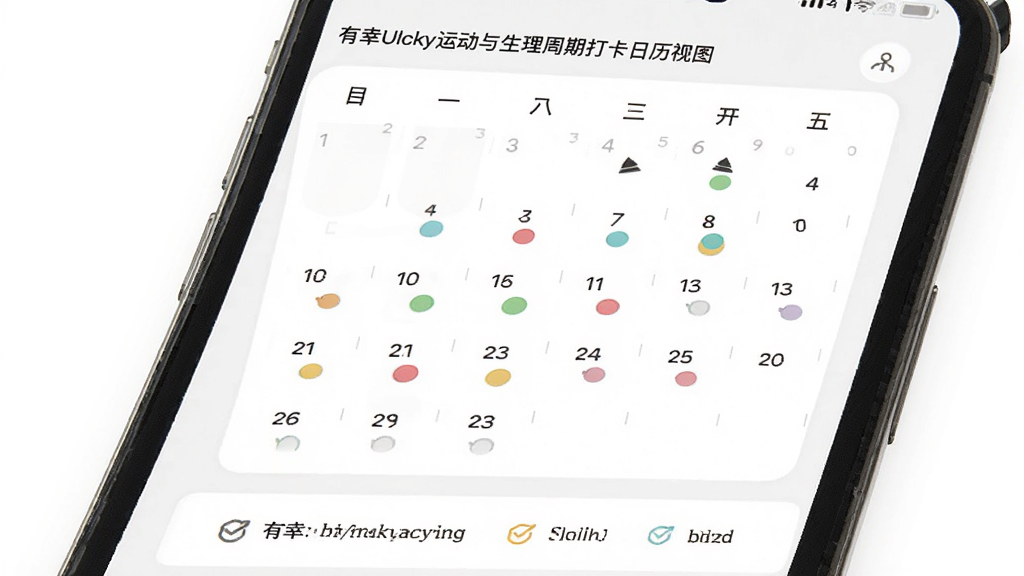 有幸Ulucky运动与生理周期打卡日历视图,主体为手机屏幕显示月历和打卡标记,布局为日历占据主要区域底部为图例,排版清晰直观,风格为清爽素雅风,细节包括彩色圆点标记、小图标和柔和背景,画质为高清,画面干净无多余元素,背景为白色。