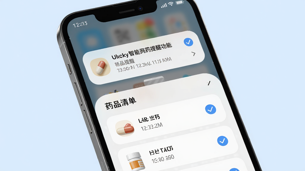 有幸Ulucky智能用药提醒功能界面图,主体为手机屏幕弹出用药提醒通知和药品清单列表,布局为通知卡片在上药品列表在下,排版整齐有序,风格为柔和圆角卡片风,细节包括药丸图标、时间标签和勾选状态,画质为2K超清,画面干净无多余元素,背景为淡蓝色。