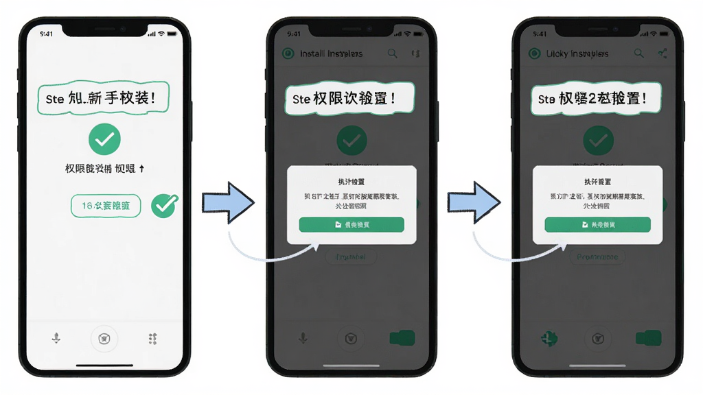 有幸Ulucky新手安装与权限设置示意图,主体为手机屏幕显示安装界面和权限授权弹窗,布局为分步截图排列,排版为教程风格,风格为简洁明快,细节包括勾选标记、箭头指示和文字说明框,画质为高清,画面干净无多余元素,背景为白色。