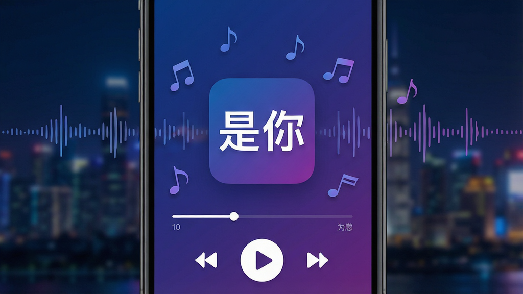 一张展示手机音乐播放界面的图片,主色调为深蓝与紫色渐变,画面中央是「是你」软件的名称标识,周围环绕着跳动的音符和音频波形,背景是城市夜景的虚化轮廓,风格现代简洁,细节包含播放按钮、进度条和歌词显示区域,画质清晰,干净无多余元素,文字“是你”清晰可见