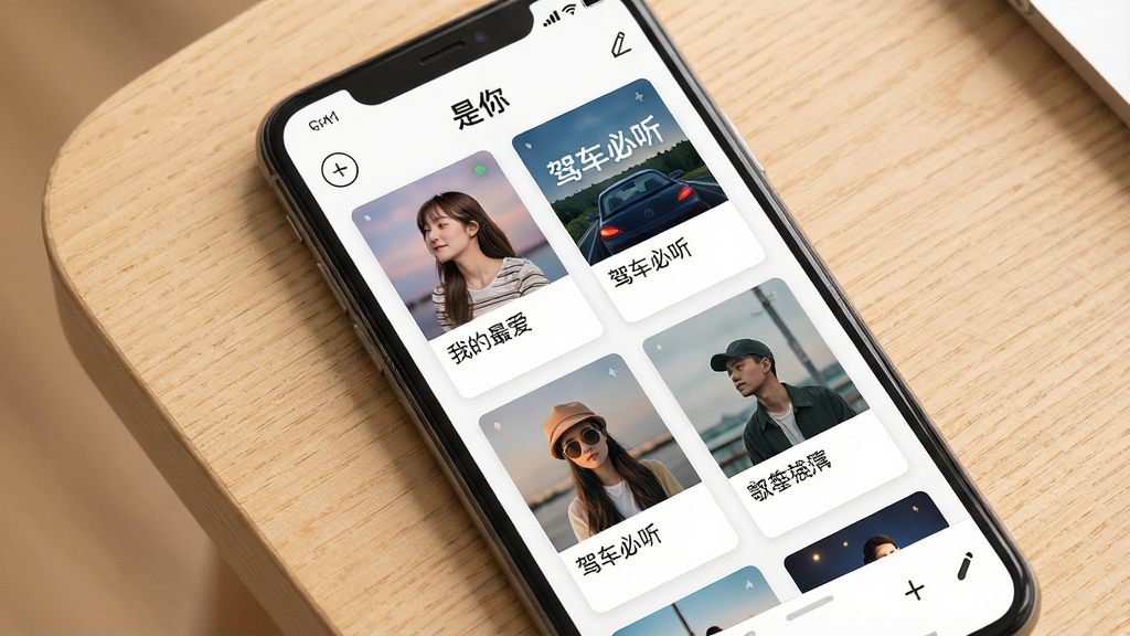 一张展示「是你」软件歌单管理界面的图片,画面主体是手机屏幕,显示多个歌单卡片,每个卡片上有不同的封面图和歌单名称,如“我的最爱”、“驾车必听”等,背景是浅色木纹桌面,风格温馨,细节包含添加按钮和编辑图标,画质清晰,干净无多余元素,文字“是你”出现在页面标题处