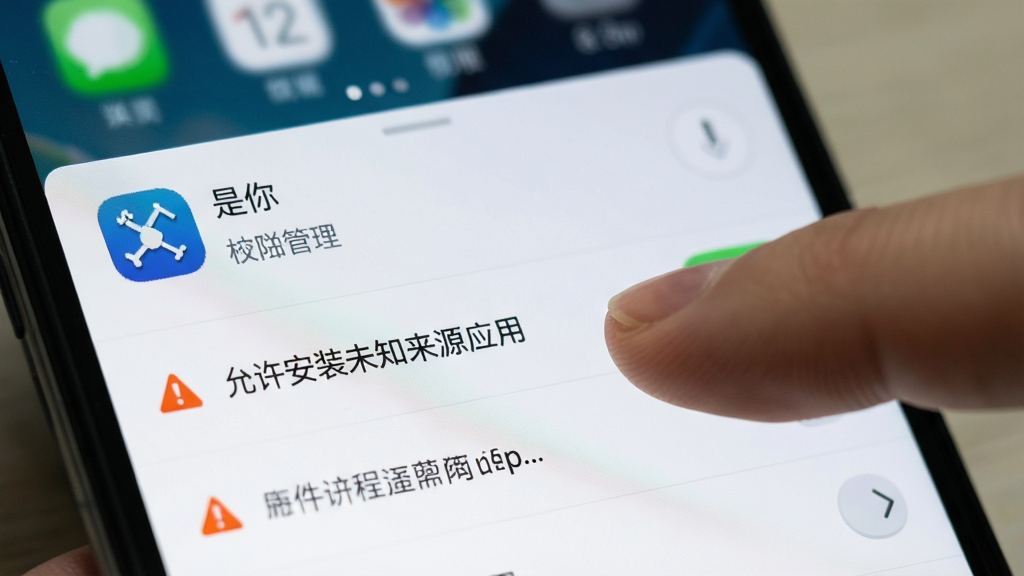 一张展示手机安全设置界面的图片,画面中手指正在点击“允许安装未知来源应用”的开关,背景是模糊的手机桌面,风格写实,细节包含权限管理列表和警告图标,画质清晰,干净无多余元素,文字“是你”出现在应用名称旁
