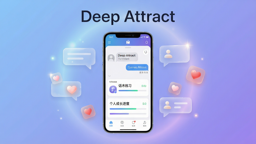整体画面围绕“Deep Attract”手机应用界面展开,画面中央悬浮一部智能手机,屏幕显示软件主界面,包含聊天模拟、话术练习与个人成长进度条。手机周围环绕半透明对话气泡与心形图标,背景为柔和渐变蓝紫光晕。布局采用中心对称构图,顶部标题“Deep Attract”以现代无衬线字体呈现。风格为科技感与温暖社交融合,细节包含细腻的图标质感与光效,画质清晰,干净,无多余元素。