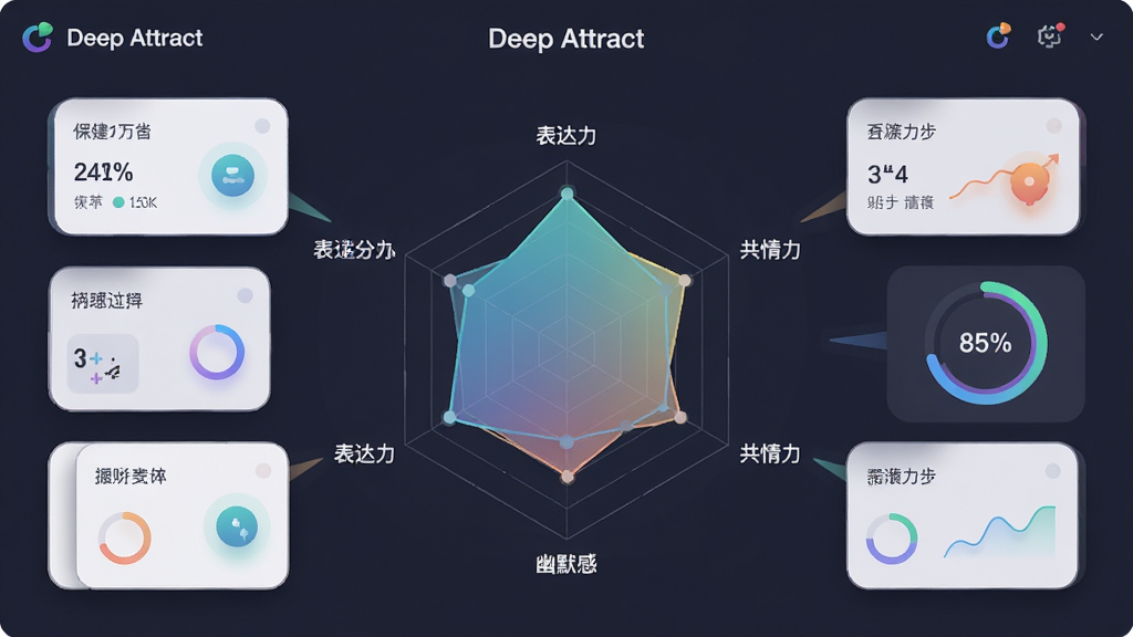 画面展示“Deep Attract”吸引力评估界面,中心为六边形雷达图,标注幽默感、共情力、表达力等维度,周围环绕数据卡片与进度圆环。布局采用中心放射式,风格为现代扁平化数据可视化,细节包含柔和阴影与渐变填充,画质高清,干净,无多余元素。