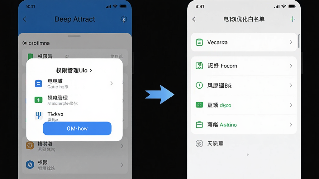 画面展示“Deep Attract”手机端操作界面与设置菜单,左侧为权限管理弹窗,右侧为电池优化白名单界面,中间用箭头连接。布局为左右对比式,风格为简洁科技风,细节包含清晰的图标与文字标注,画质高清,干净,无多余元素。