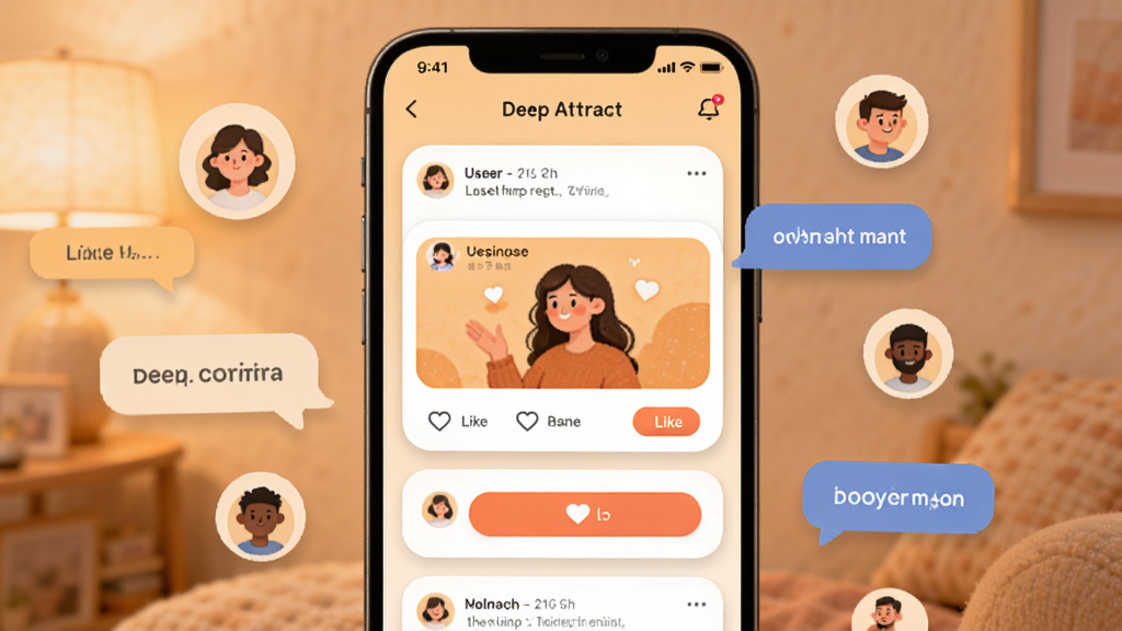 展现“Deep Attract”匿名社区界面,手机屏幕显示用户分享卡片与点赞按钮,背景为柔和暖色调,周围漂浮匿名头像与对话气泡。布局为上下滑动信息流样式,风格温暖友好,细节包含圆角卡片与轻量阴影,画质清晰,干净,无多余元素。