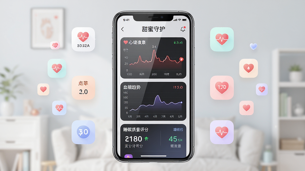 画面主体为一部智能手机屏幕,显示甜蜜守护APP的健康数据仪表盘界面,包含心率曲线、血糖趋势图和睡眠质量评分。布局上手机位于画面中央,周围环绕着浮动的数据图标和爱心符号。排版采用居中对称构图。风格为现代简约的UI展示风格,细节上屏幕反光自然,图标色彩柔和。画质要求高清,画面干净,无多余元素。