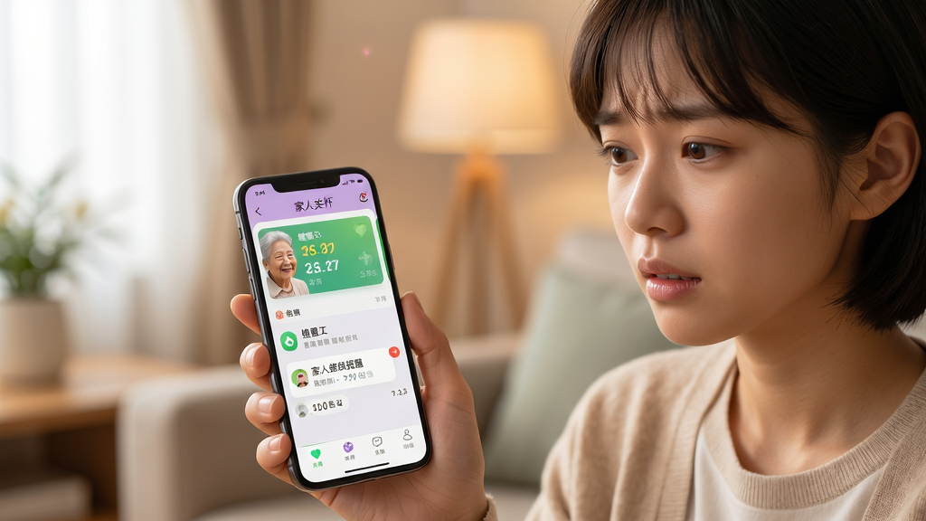 画面主体为一位年轻人手持手机查看甜蜜守护APP的家人关怀界面,屏幕上显示着长辈的健康状态卡片和提醒消息。布局上人物位于画面右侧,手机屏幕内容清晰可见。排版采用三分法构图。风格为温馨生活化的摄影风格,细节上人物表情略带关切,背景为室内环境。画质要求高清,画面干净,无多余元素。