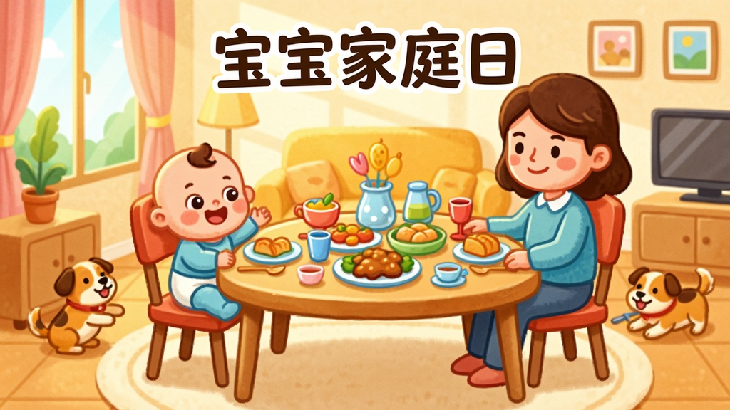 һ����ܰ�Ŀ�ͨ���廭��չʾ��һ����������Ŀ������������������ǿɰ��Ŀ�ͨ�����Ͱְ�����Χ���ڲ����ԣ����ϰڷ��ŷ�ʢ��ʳ������г��ﹷ����ˣ������ɫ���������ޣ�����Բ��Ķ�ͯ�廭���ϸ�ڷḻ������Ϊȫ���ӽǣ����������ɾ��������д������֡�������ͥ�ա��������Χ���ֺ�г���޶�������Ԫ��