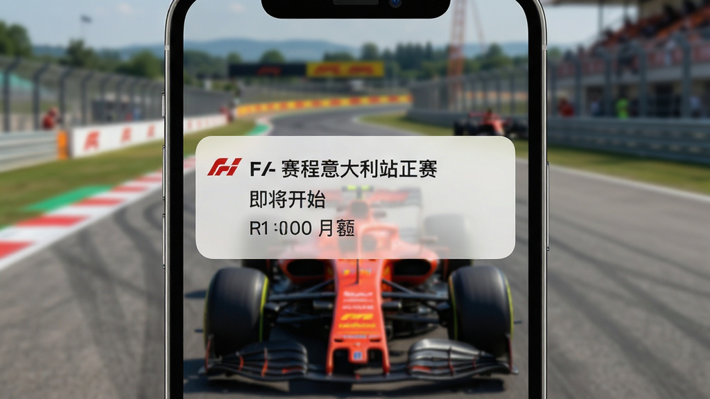 一张展示F1赛程提醒功能的图片,画面中手机屏幕弹出赛事提醒通知,通知内容显示F1赛程意大利站正赛即将开始,背景是赛道和赛车,主体是通知弹窗,布局简洁,风格现代,细节包括通知图标、时间信息和赛道名称,画质高清,干净,无多余元素