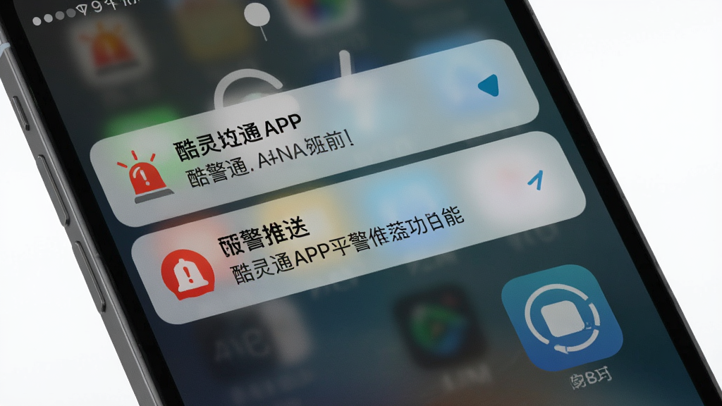 一张展示酷灵通APP报警推送功能的图片,主体为手机锁屏界面弹出报警通知,布局为通知栏消息与APP图标,排版突出通知内容,风格为写实UI风格,细节包括红色的报警图标和文字描述,画质清晰、干净、无多余元素。