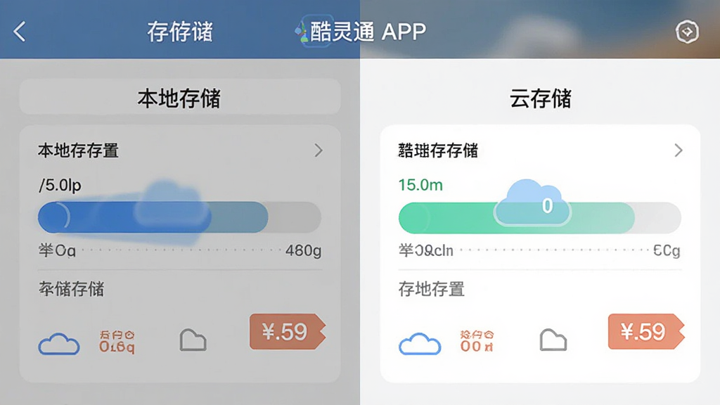 画面主体为酷灵通APP的存储设置界面,布局为左右对比展示本地存储和云存储选项,排版清晰,风格为扁平化设计,细节包括存储容量条形图和价格标签,画质高清、干净、无多余元素。