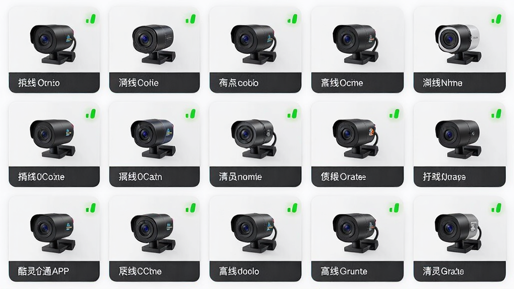 画面主体为酷灵通APP的设备列表界面,布局为竖向排列多个摄像头缩略图,排版整齐,风格简约商务,细节包括每个设备旁边的在线状态指示灯和自定义名称,画质高清、干净、无多余元素。