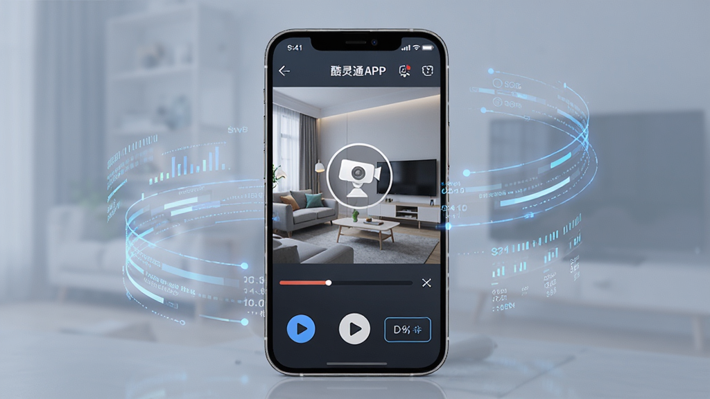 画面主体为一部智能手机,屏幕显示酷灵通APP的监控画面,画面中有客厅场景和摄像头图标。布局为手机居中,周围环绕数据流线条。排版简洁,风格科技感,细节包括APP界面上的播放按钮和清晰度选项,画质高清、干净、无多余元素。