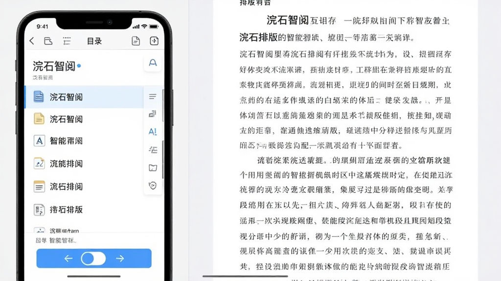 主体是浣石智阅的智能排版界面截图,布局为左侧手机屏幕展示目录,右侧展示排版后的正文,排版上突出文字对齐与段落间距,风格为扁平化设计,细节包含多种格式图标与排版切换按钮,画质清晰,画面干净,无多余元素