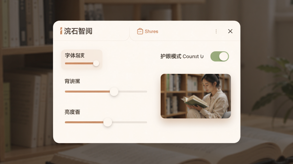 主体是浣石智阅的阅读设置面板,布局为悬浮式弹窗,排版上包含字体、背景、亮度调节滑块,风格为柔和暖色调,细节包含护眼模式开关与预览效果,画质清晰,画面干净,无多余元素