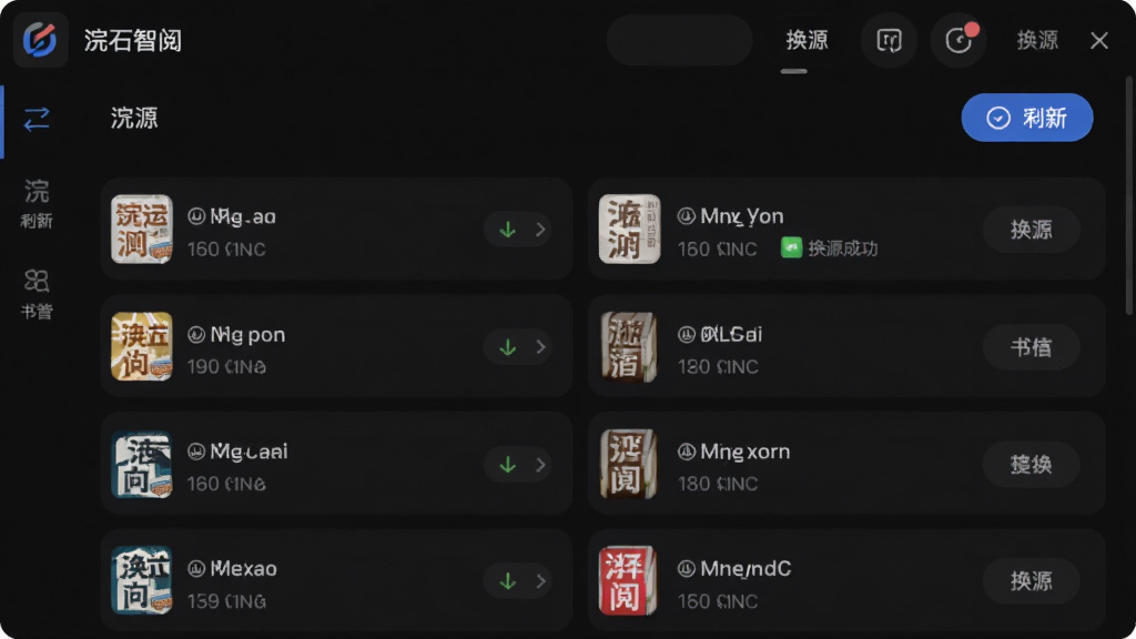 主体是浣石智阅的书源管理界面,布局为列表式展示多个书源选项,排版上每个书源带有延迟测试数值,风格为暗色模式护眼风格,细节包含刷新按钮与换源成功提示,画质高清,画面干净,无多余元素