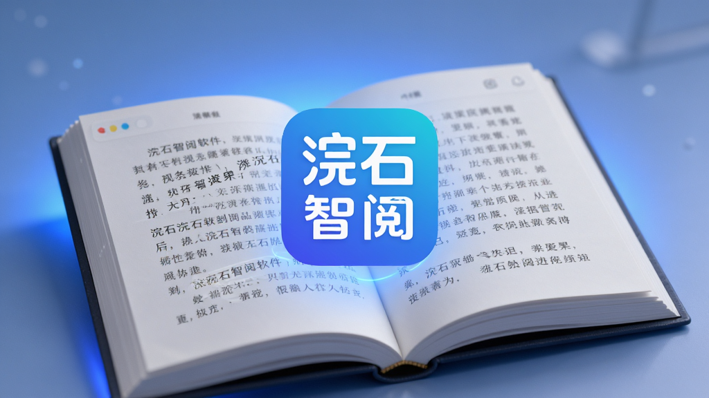 主体是浣石智阅软件图标悬浮在展开的电子书页面之上,布局采用居中构图,排版上软件界面UI与文字流交织,风格为现代简约科技感,细节包含柔和的蓝光护眼背景与清晰的中文字体显示,画质高清,画面干净,无多余元素