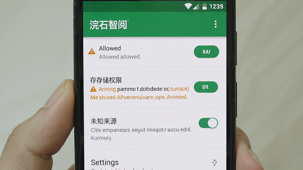主体是浣石智阅在手机上的权限设置界面,布局为设置列表,排版上高亮显示存储权限与未知来源开关,风格为原生安卓系统风格,细节包含权限允许按钮与警告提示,画质清晰,画面干净,无多余元素