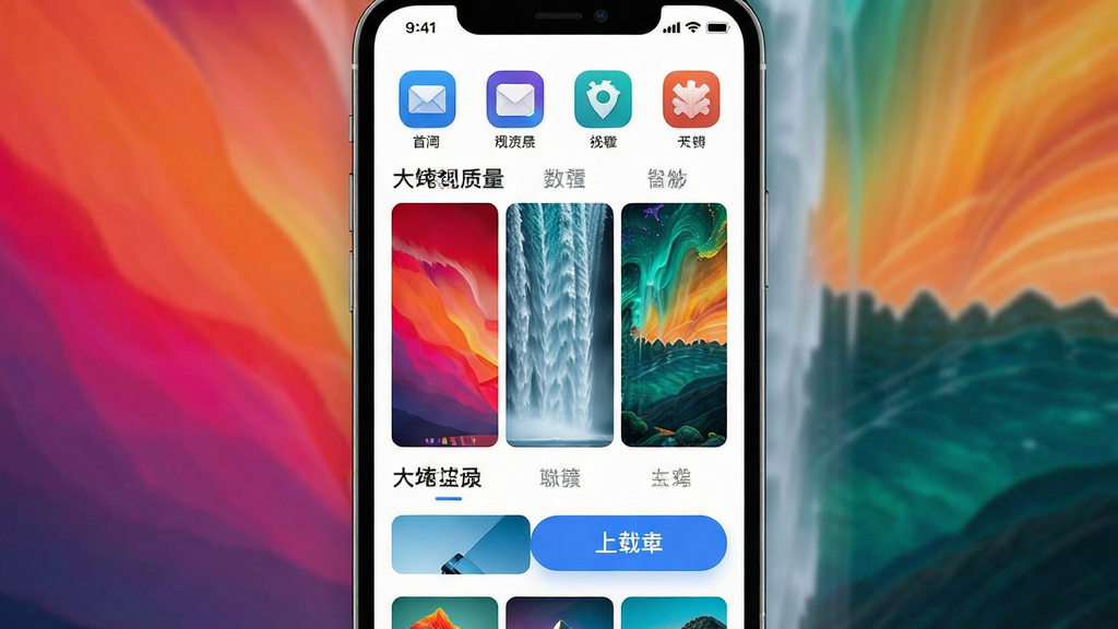 一张展示好看宽屏APP界面的图片,主体是手机屏幕显示着瀑布流布局的高清宽屏壁纸,布局采用居中特写,排版清晰展示应用图标和壁纸缩略图,风格为现代科技感与清新视觉结合,细节包括壁纸的色彩丰富、分类标签明显、下载按钮醒目,画质高清,干净,无多余元素。