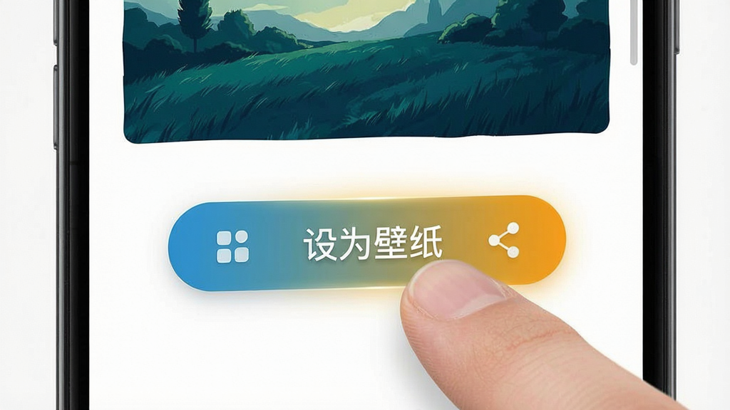 一张展示好看宽屏APP一键设置壁纸功能的图片,主体是手指点击屏幕上的“设为壁纸”按钮,布局为手机操作界面特写,排版突出按钮和壁纸预览,风格为交互演示,细节包括按钮高亮、壁纸清晰、界面简洁,画质高清,干净,无多余元素。
