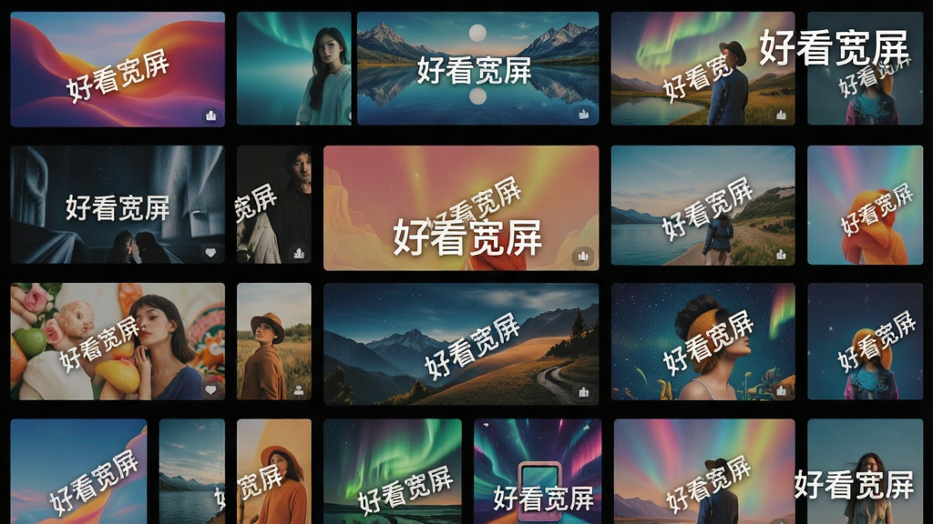 一张展示好看宽屏APP内海量壁纸库的图片,主体是多个不同风格的宽屏壁纸缩略图呈网格状排列,布局为满屏展示,排版整齐有序,风格为高清图库展示,细节包括壁纸色彩鲜艳、分类明确、有“好看宽屏”水印,画质超清,干净,无多余元素。