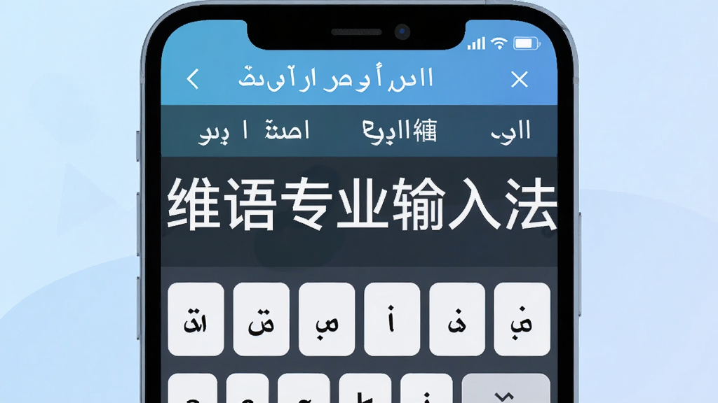 一个简洁的智能手机屏幕特写,屏幕上显示维吾尔语键盘布局和候选词栏,背景是柔和的浅蓝色渐变,风格为现代科技感扁平插画,画面中央有