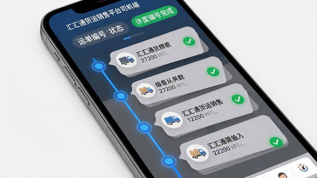 汇汇通货运销售平台司机端运单跟踪页面,主体为手机界面,布局上采用时间轴形式纵向排列,每个节点配有图标与文字说明,顶部显示运单编号与状态标签。风格为简约科技风,细节上使用蓝色时间轴线、圆形节点、灰色背景卡片、绿色完成标记。画质高清,画面干净,无多余元素,图片中文字为