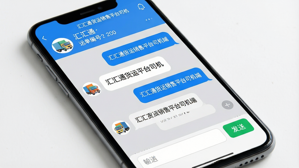 汇汇通货运销售平台司机端消息沟通界面,主体为手机屏幕,布局上采用聊天气泡式排版,上方为联系人名称与运单编号,中部为对话内容,下方为输入框与发送按钮。风格为清新社交风,细节上使用蓝色气泡、白色气泡、灰色背景、绿色发送按钮、小货车头像。画质高清,画面干净,无多余元素,图片中文字为