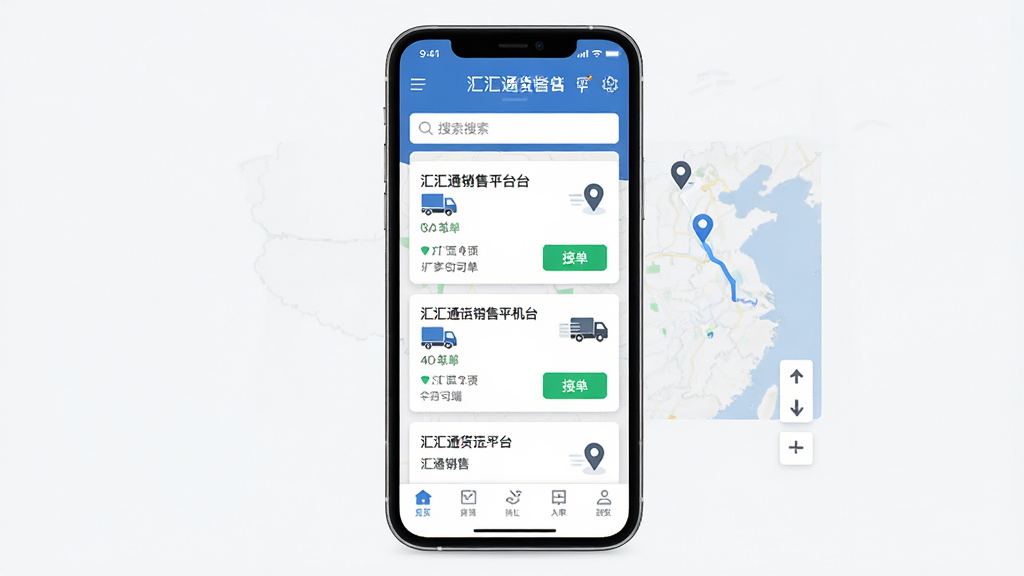 汇汇通货运销售平台司机端主界面展示,主体为一部智能手机居中放置,屏幕内呈现货运订单列表与地图导航混合排版,布局上采用上下结构,上方为状态栏与搜索框,中部为卡片式货源信息,下方为底部导航栏。风格为现代扁平化商务风,细节上包含蓝色主色调、白色卡片、绿色接单按钮、小型货车图标与定位标记。画质高清,画面干净,无多余元素,图片中文字为