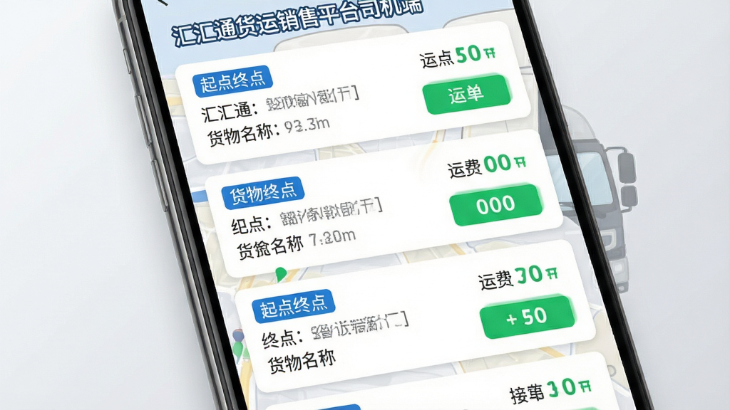汇汇通货运销售平台司机端货源推送界面,主体为手机屏幕特写,布局上采用纵向列表排版,每条货源以独立卡片展示,卡片内包含起点终点、货物名称、运费数字与接单按钮。风格为清爽浅色商务风,细节上使用蓝色标签、灰色辅助文字、绿色高亮价格,背景为浅灰渐变。画质清晰,画面干净,无多余元素,图片中文字为