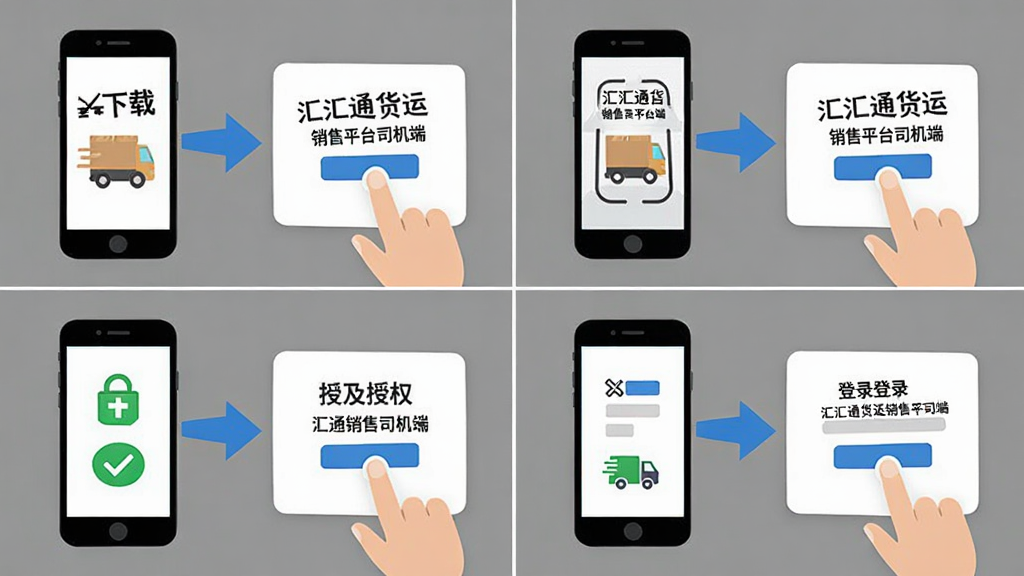 汇汇通货运销售平台司机端安装步骤示意图,主体为手机屏幕与手指点击动作,布局上采用四格分镜展示下载、安装、授权、登录四个步骤,风格为扁平化教程风,细节上使用蓝色箭头、绿色对勾、灰色背景、白色卡片。画质清晰,画面干净,无多余元素,图片中文字为