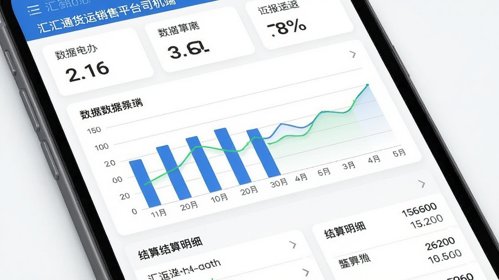 汇汇通货运销售平台司机端数据统计页面,主体为手机界面,布局上采用卡片加图表组合,上方为数字指标,中部为柱状图与折线图,下方为结算明细列表。风格为简约数据风,细节上使用蓝色柱状、绿色折线、灰色网格、白色背景。画质清晰,画面干净,无多余元素,图片中文字为