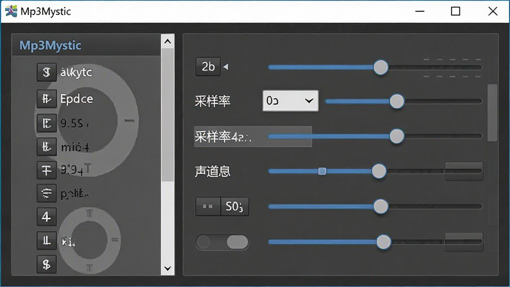 一张展示Mp3Mystic参数设置面板的图片,主体为软件设置窗口,布局左侧为选项列表右侧为调节滑块,排版整洁,风格商务简约,细节包含比特率数值、采样率下拉框、声道切换按钮、软件名称“Mp3Mystic”,画质高清,干净,无多余元素
