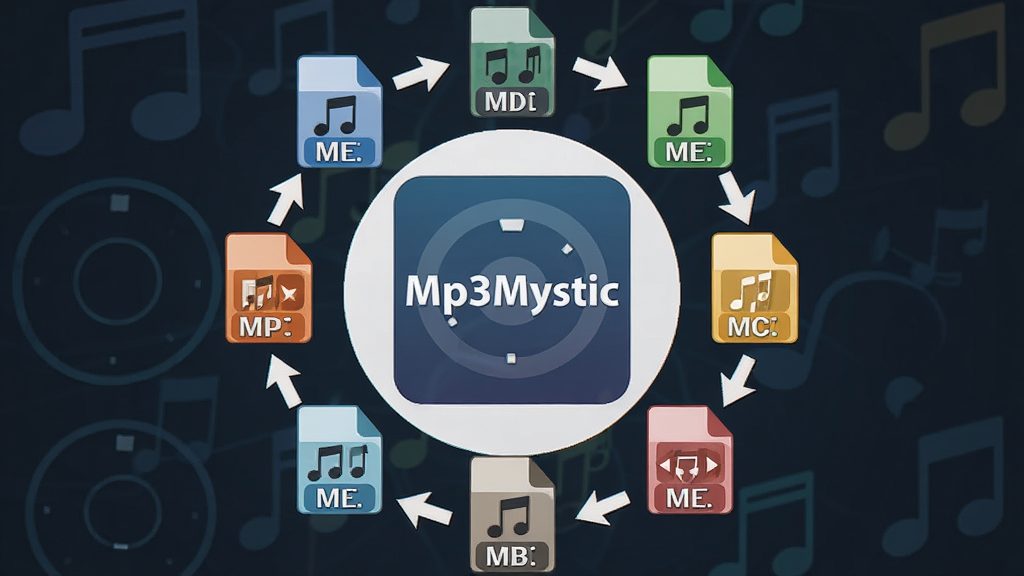 一张Mp3Mystic多格式转换功能的示意图,主体为多个音频格式图标围绕软件Logo,布局环形排列,排版对称,风格扁平化设计,细节包含“Mp3Mystic”文字标识、格式缩写标签、转换箭头,画质清晰,干净,无多余元素