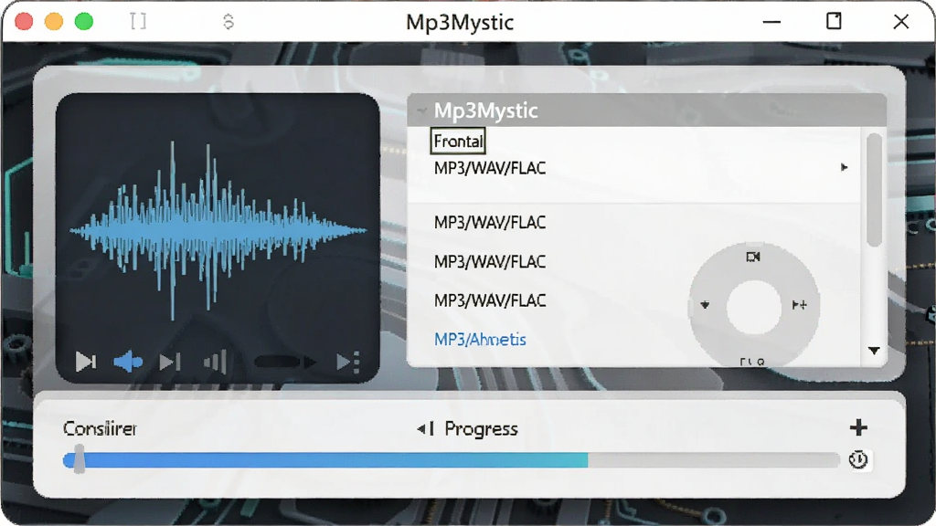 一张展示Mp3Mystic软件主界面的图片,主体为软件窗口,布局居中,排版清晰,风格为现代简约科技风,细节包含音频波形图标、格式列表MP3/WAV/FLAC、转换进度条,画质高清,干净,无多余元素