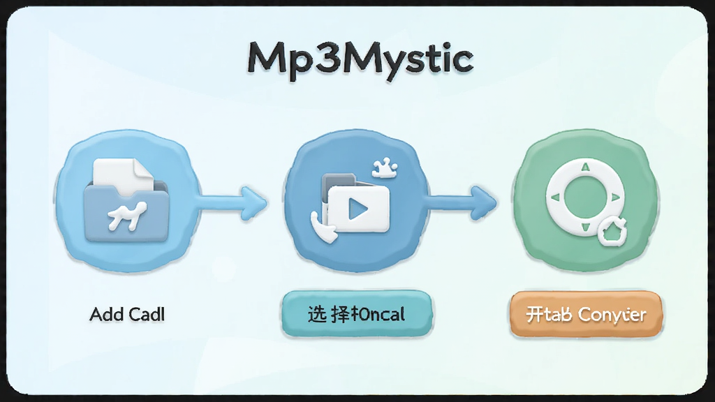 一张Mp3Mystic操作流程示意图,主体为三步操作图标,布局从左到右依次排列,排版横向流程,风格清新浅色,细节包含添加文件、选择格式、开始转换按钮、“Mp3Mystic”标识,画质清晰,干净,无多余元素