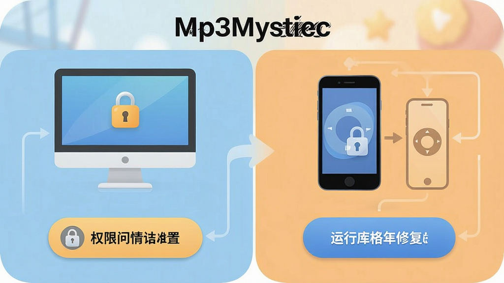 一张Mp3Mystic常见问题解决流程图,主体为电脑与手机图标,布局左右分栏,排版对比展示,风格柔和圆角,细节包含权限设置图标、运行库修复按钮、软件名称“Mp3Mystic”,画质高清,干净,无多余元素